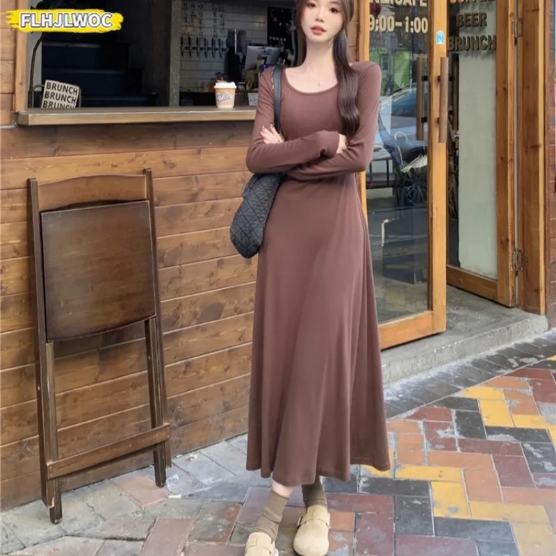 Otoño Invierno básico largo Maxi vestidos lindo dulce niñas mujeres Chic Corea Japón Casual sólido una línea rosa camiseta vestido