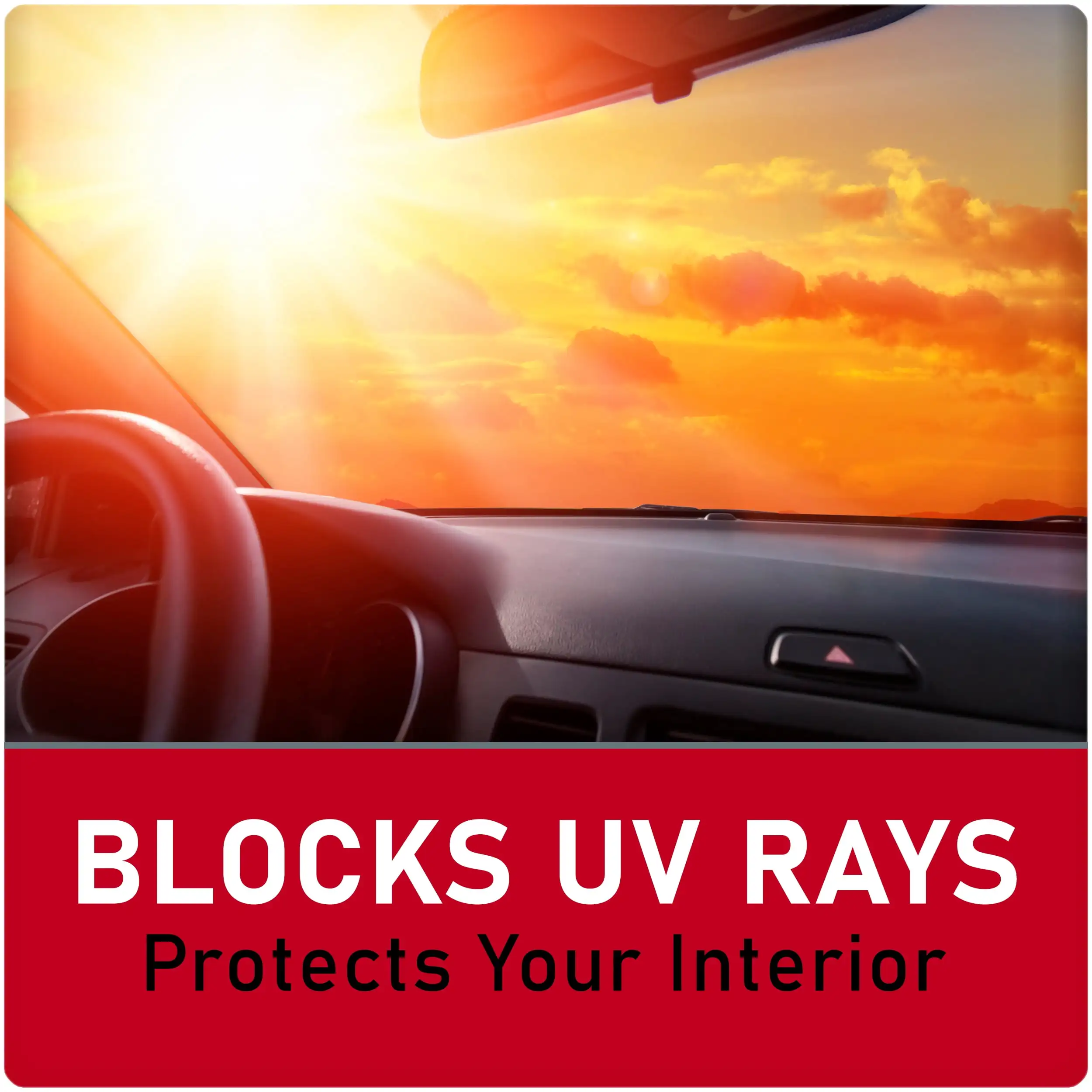 The white folding automatic sun visor with black trim effectively reduces the temperature inside the car.