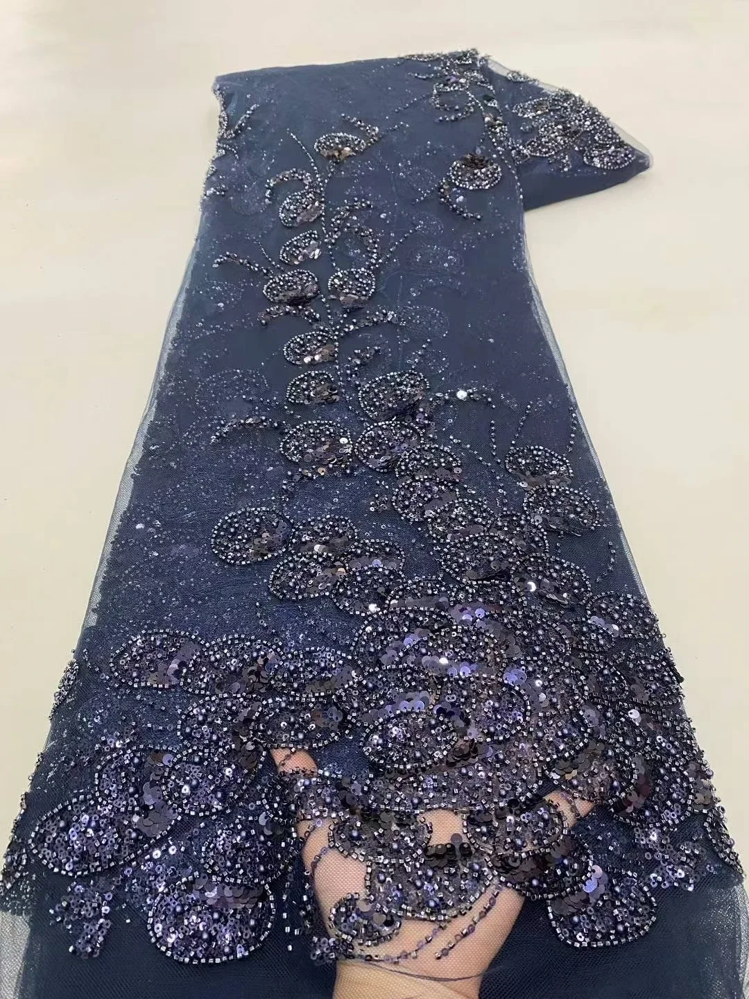 

New Style Luxury Navy Blue Heavy Beads Sequins African Nigerian Lace Fabric 2025 Beaded French Lace Fabric For Dress LXX25164