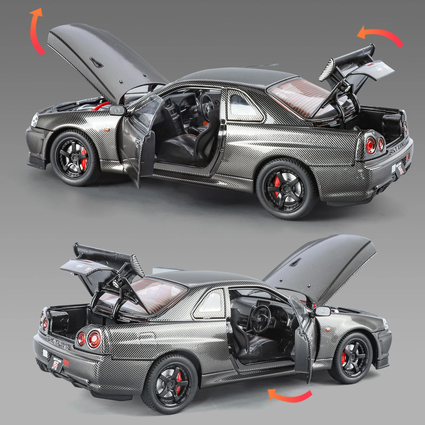

1:24 GTR-34 Carbon Fiber Version Rear-Mounted Physical Drive Four-Door Openable Alloy Material Boy's Birthday Gift