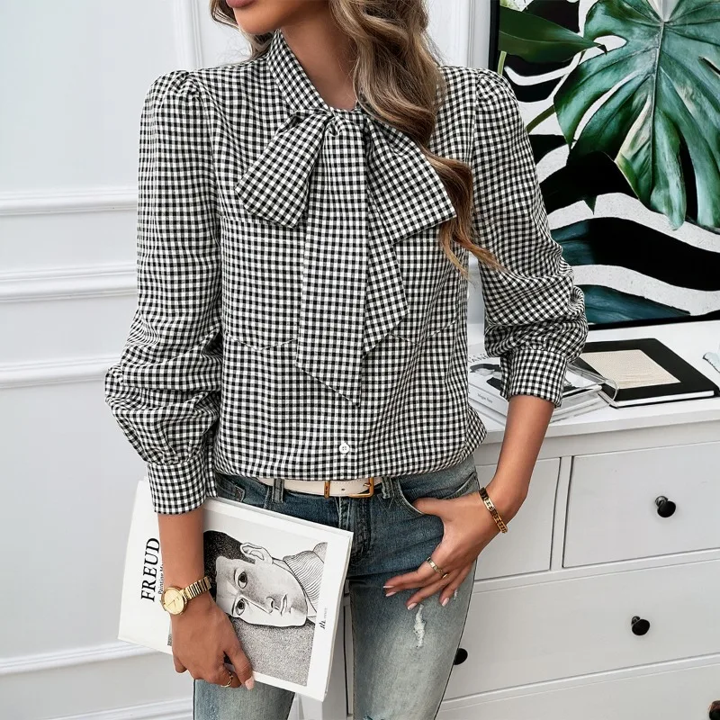 

Fashionable Autumn and Winter Bow Puff Sleeve Tops for Women's Temperament Casual Contrasting Cardigan Long-sleeved Shirt