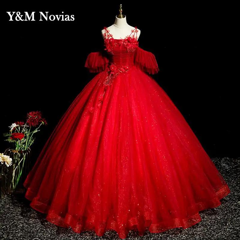 New Fashion Shinny Tull Sweet Red Quinceanera Dresses Short Sleeve For Party Vestidos 15 Anos Vintage Quinceanera Gown Plus Size