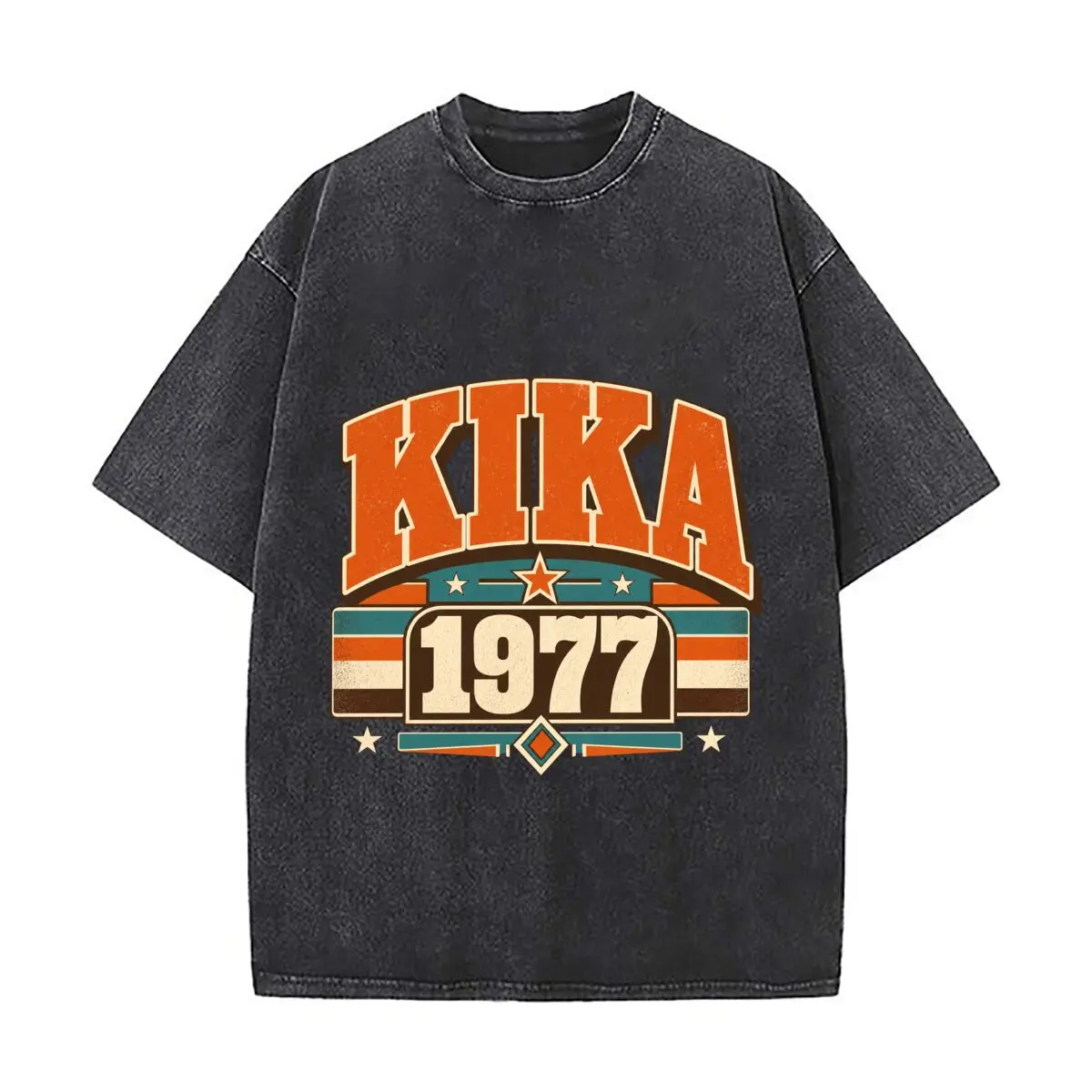 Camiseta Retro Kika 1977 de Manga Corta, Estilo Vintage, Desgastada, Lavada, Versátil para Uso Diario