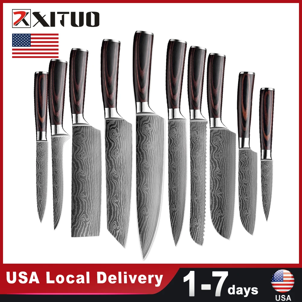 Stainless Steel 10PCS Knives set Wooden Handle Kitchen Santoku knife Sharp Cleaver Tool Chef's Knife