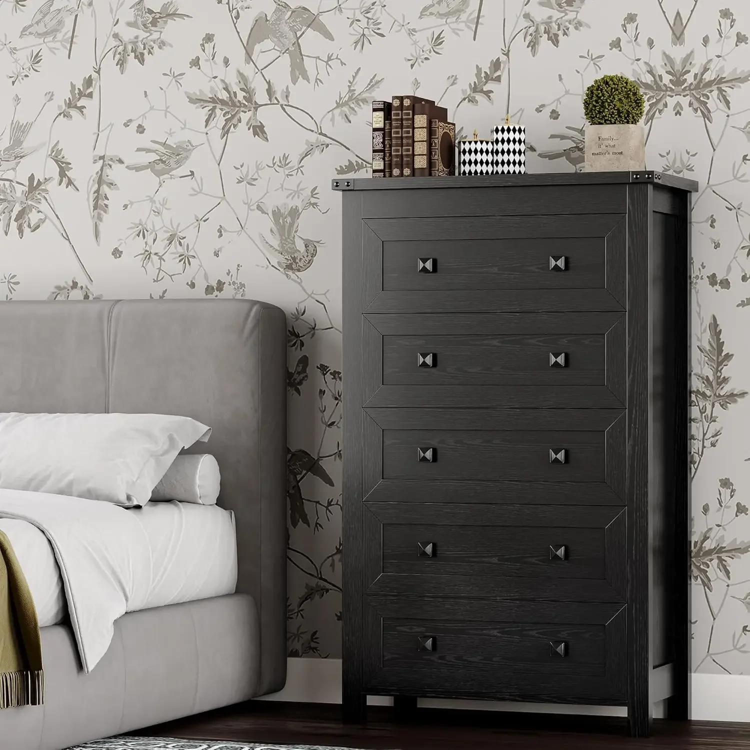 Dresser for Bedroom Dresser Black with 5 Drawer Wood Storage Tower Chest Large Organizer Cabinet for Kids Room Living Room Hallw