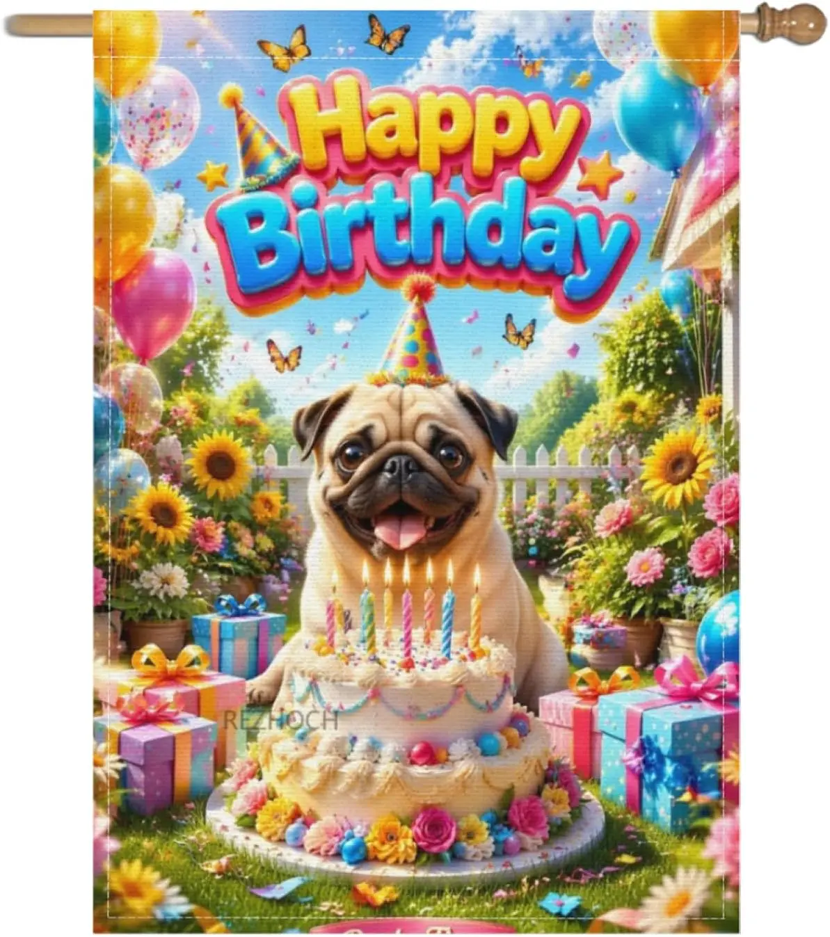 Happy Birthday Cute Pug Dog Welcome Garden Flag 28x40Inch Outdoor Party Time Yard Decor,Funny Animal Birthday Party Balloon  yyi