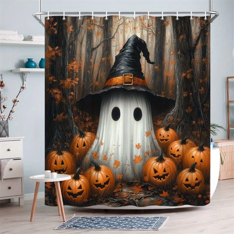 

Хэллоуин Призрак Занавеска Для Душа Тыква Лесная Ведьма Шляпа Декор Жуткая Тема Водонепроницаемая Ткань Набор Занавесок Для Ванны Дома