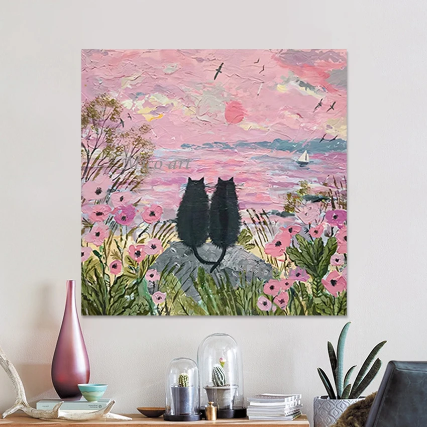 

Beautiful Seaside Scenery Art Picture Wall, No Framed Canvas Artwork Cat Abstract Animal Oil Paintings, Rooms Decoration Couple