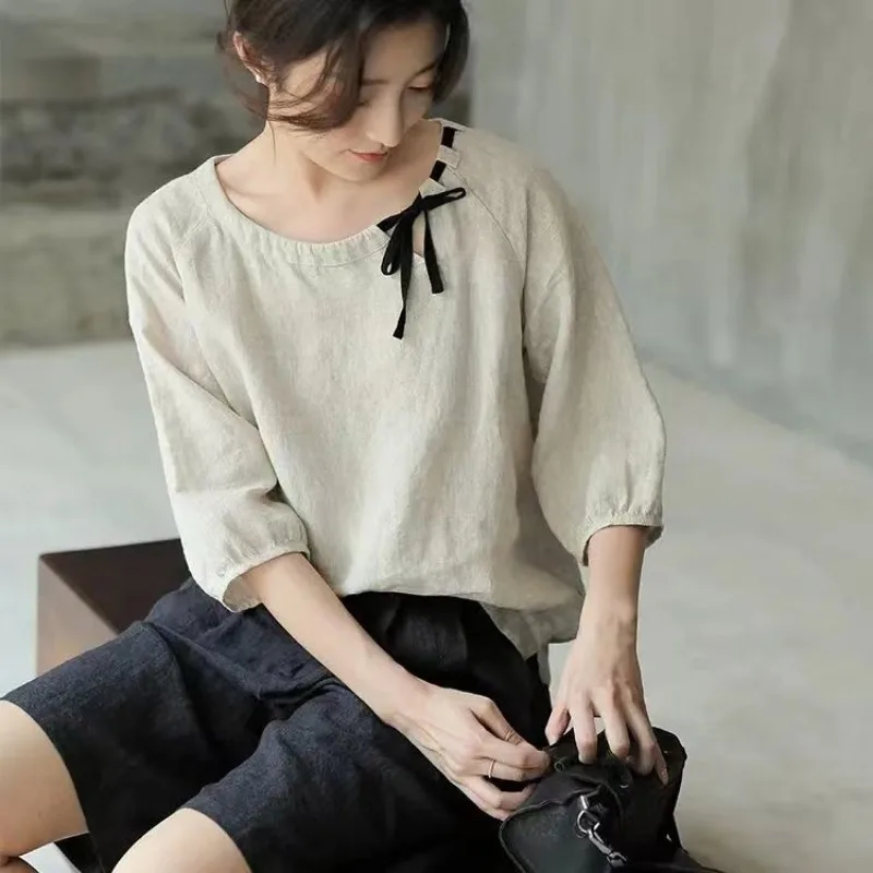 Women Summer Simplicity Elegant Loose Lacing Solid Color O-neck Short Sleeve T-Shirt Women Clothes Casual All-match Trend Tops