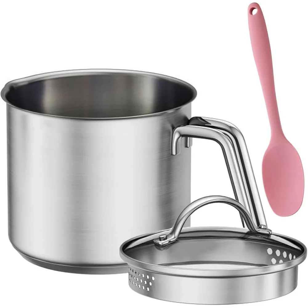 

Stainless Steel Saucepan with Glass Lid, Multipurpose 1.5 Quart Sauce pan Sauce Pot with Straining Cover & Pour Spouts