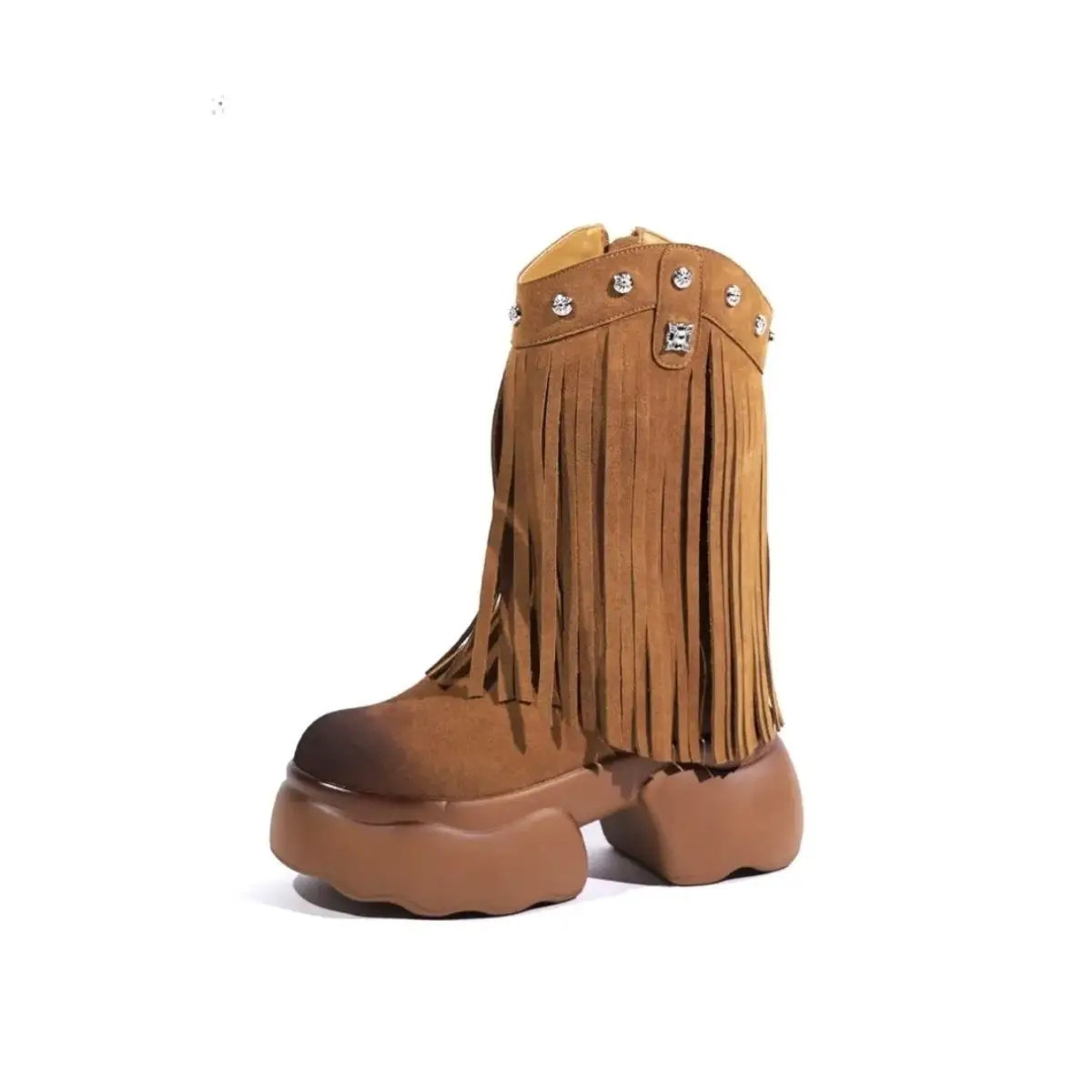 

2024 Autumn/winter New 8cm Small Retro Thick Sole Increase Fringe Rivet Short Leg Knight Boots Woman