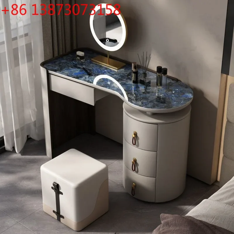 Cream wind light luxury extremely simple saddle leather luxury stone rock slab solid wood storagemakeup table