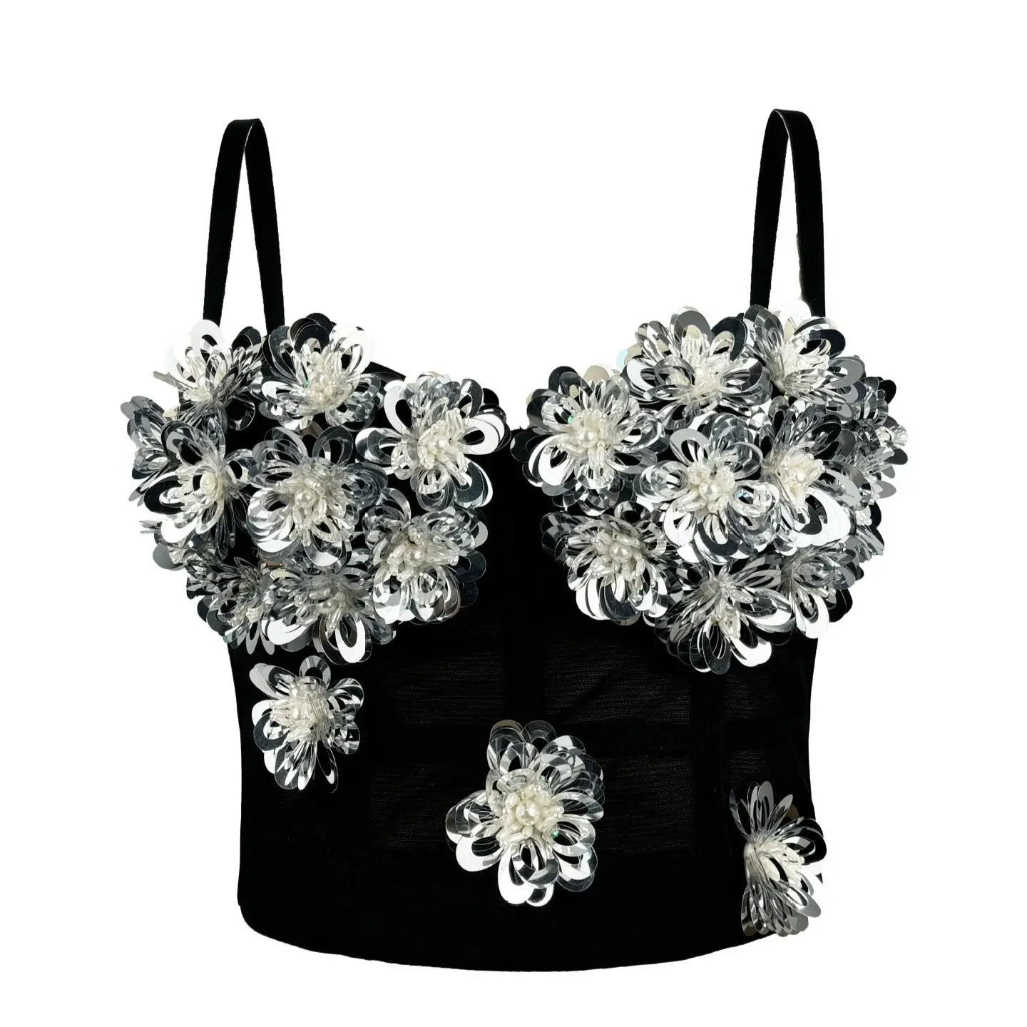 

Черно-белый бюстгальтер из стекловолокна с блестками, внешний бюстгальтер на подтяжках, женский бюстгальтер с блестками на бретельках, длина до пола, полиэфирное волокно