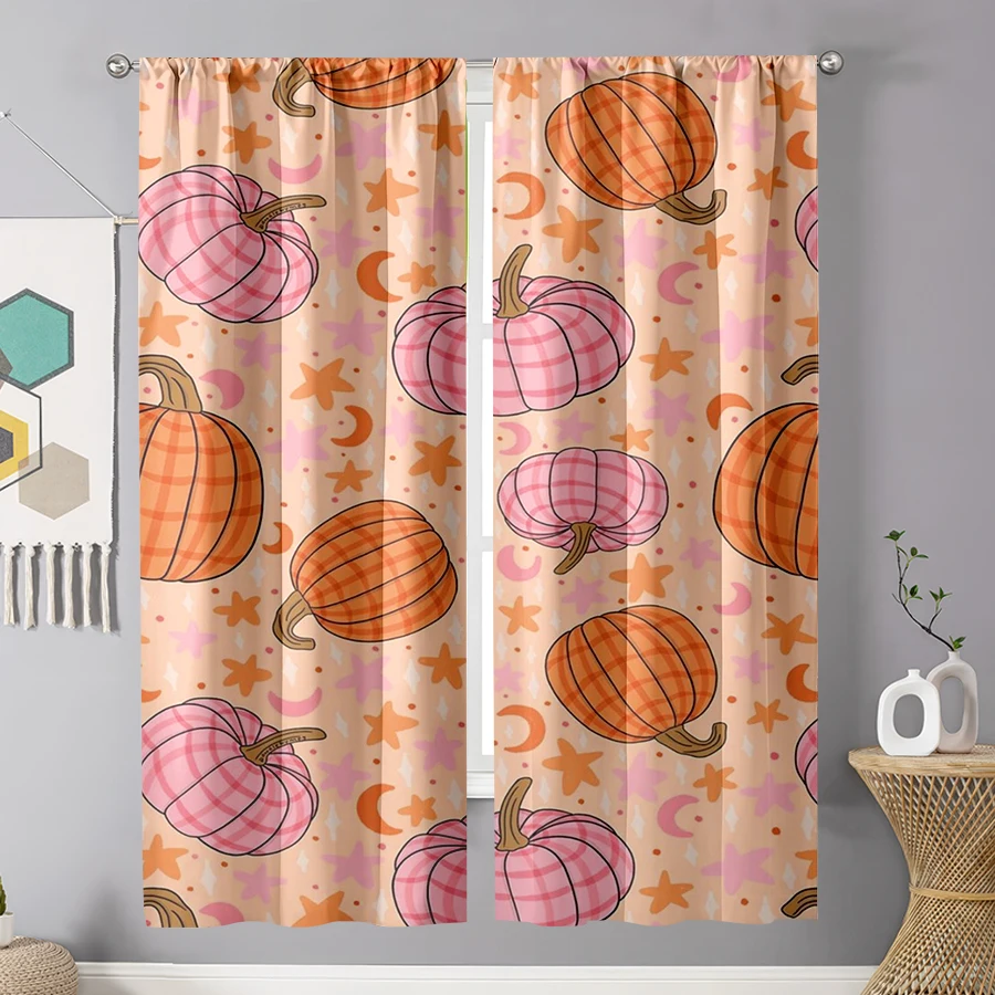 2PCS Digital Print Curtain, Pink Orange Pumpkins Stars Moon, Cute Pink Fall Kawaii Style for Living Room Bedroom Decor