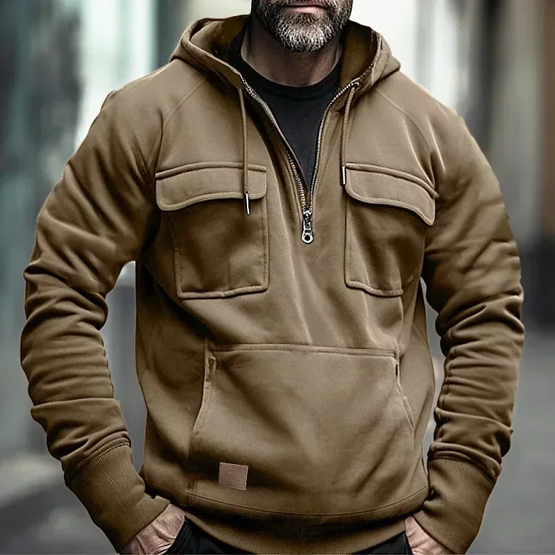 Taktische Hoodies für Herren, halber Reißverschluss, solides warmes Fleece, Militär-Sweatshirts, mehrere Taschen, männliche Kapuzenjacken, dick, Outdoor, Polar