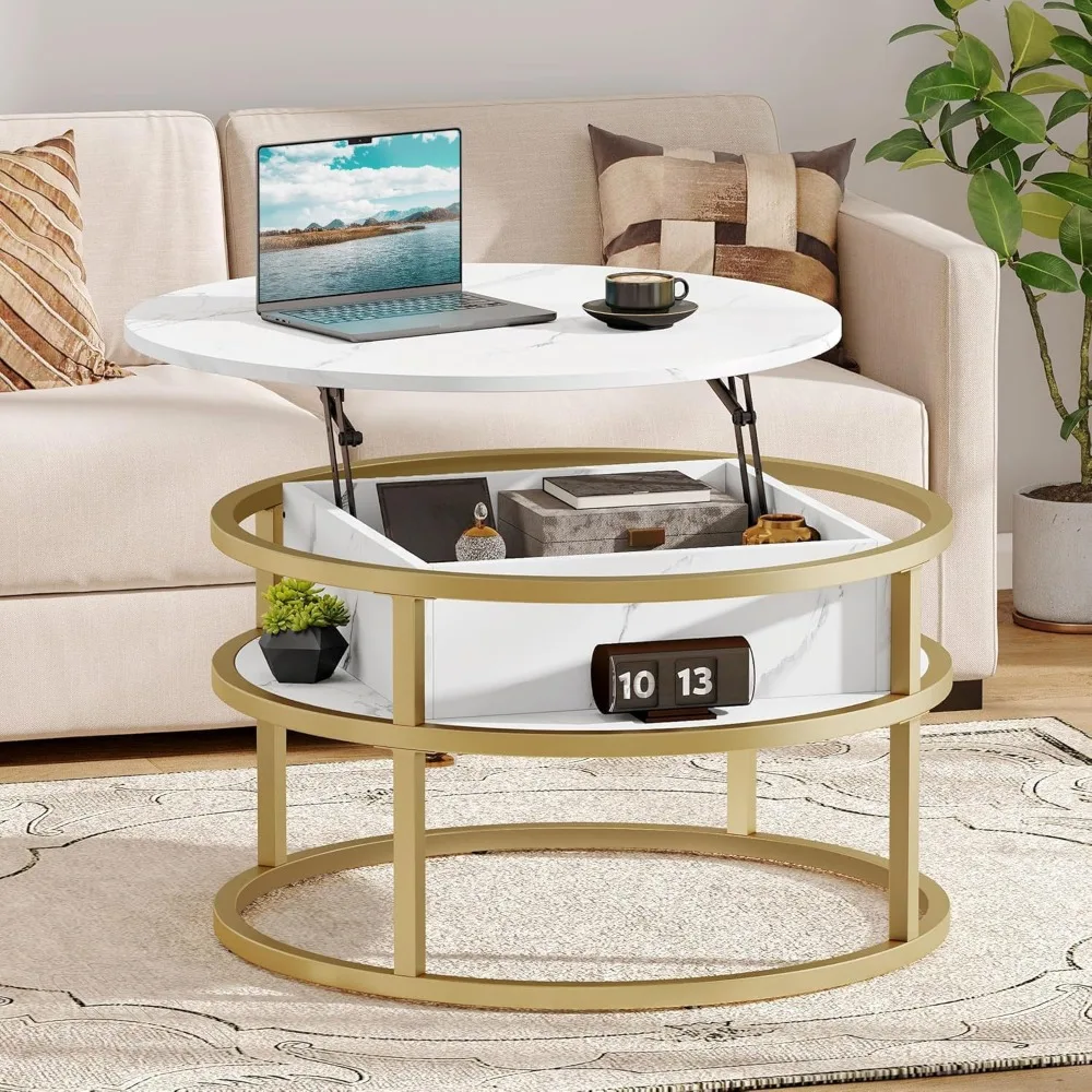 Table basse inclinable ronde rustique avec rangement et compartiment caché pour le salon