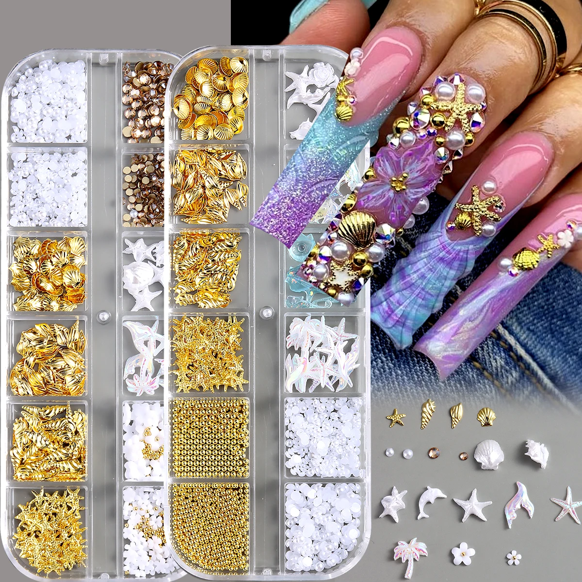 3D Metallic Nail Decorations - White Pearl Flower Golden Steel Beads - Starfish, Conch, Shell Nail Charms and Sparkles for Acryl