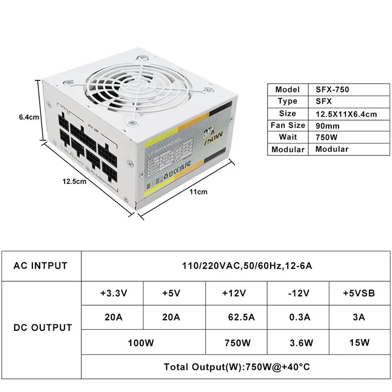SFX 750W White Power Supply Full-Modular ATX3.0 PCIE5.0 For Mini ITX Chassis Small Computer Case 100/220V Input