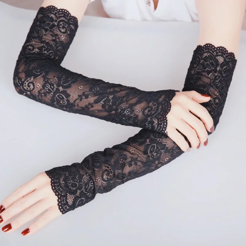 Gợi Cảm Đảng Ren Găng Tay Cho Nữ In Hoa Fingerless Gloves Căng Cánh Tay Khuỷu Tay Tay Găng Tay Mùa Hè Chống Nắng Găng Tay Hở Ngón