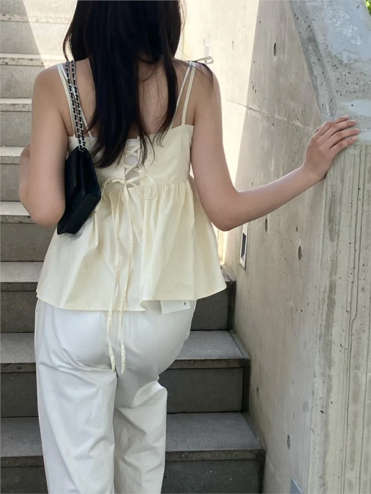 Estate senza maniche Slip top donna Backless Modis Sweet Ruffle Ladies Cropped camicette stile coreano allentato pieghettato donna Slip top