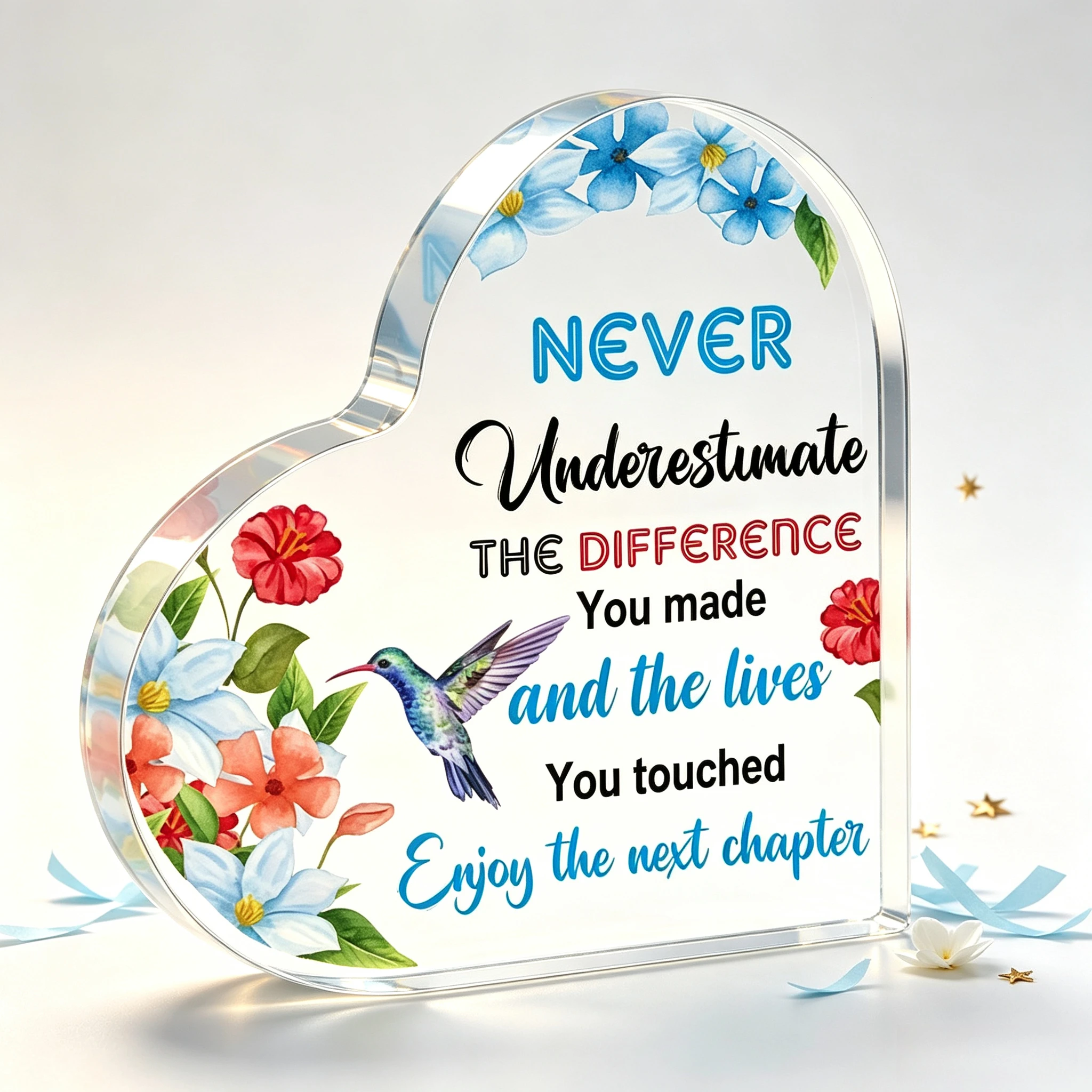 Never Underestimate The Difference You Made Hummingbird Heart‑Shaped Acrylic Plaque Retirement Desk Decor