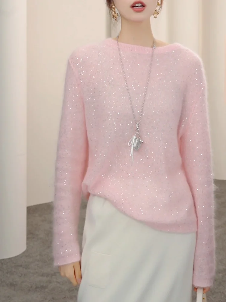 

Светло-розовый вязаный свитер оверсайз для женщин, модный, осенний, новинка, теплый, длинный, толстый, топ-свитер