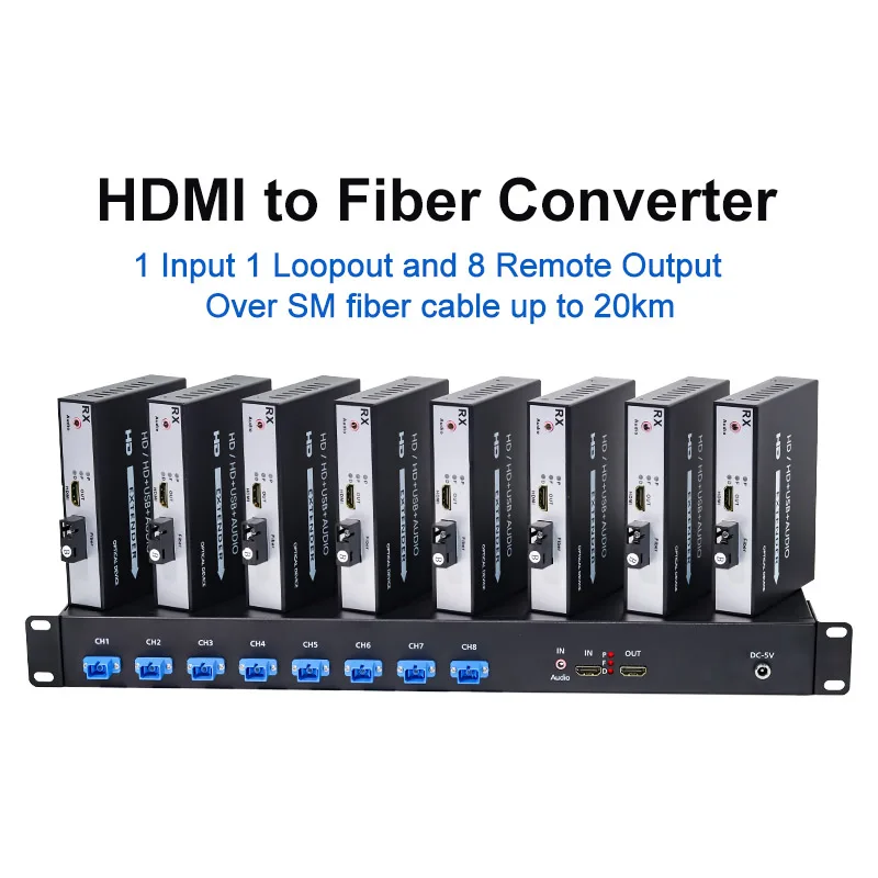 1080P   Over Fiber Extender up to 20KM 1   Transmitter 8   Receiver kit