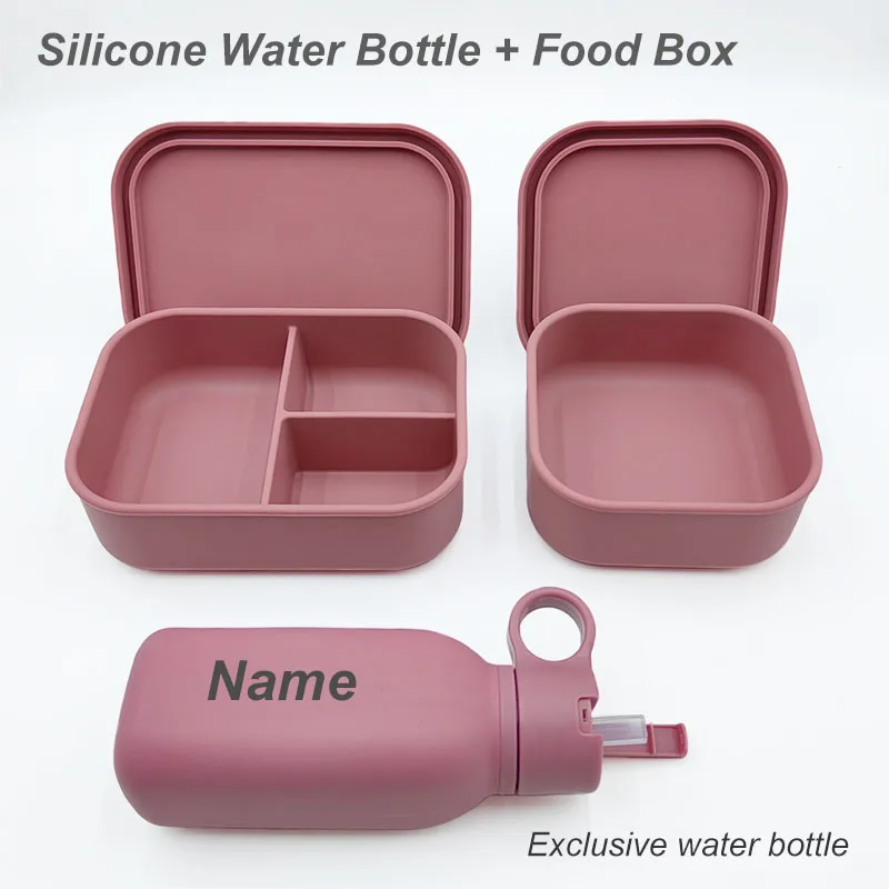 Gepersonaliseerde Naam Siliconen Waterfles 3 Compartiment Lekvrije Bento Lunchbox Voor Kinderen Draagbare Camping Picknick Voedsel Container