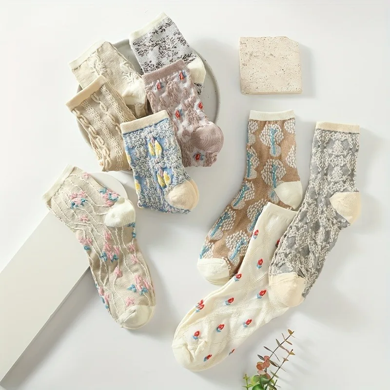 5 Pairs of Floral Textured Socks, Vintage Court Style Mid-Calf Socks, Women's Stockings and Sock Sets Four Seasons Women's Socks