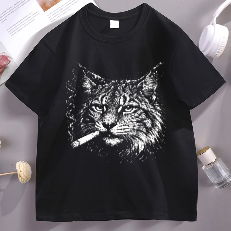 Vintage Punk Wildcat Tshirt Man Fashion Cotton Short Sleeve T-shirt Streetwear Round Neck Printed T Shirt Male Clothing Tees