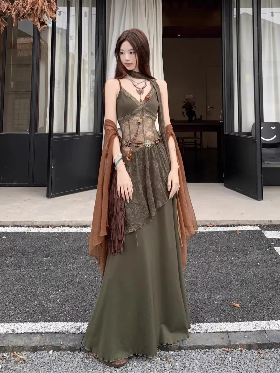 

Коричневый кружевной ремешок Dr, женская осенняя одежда, комплект с длинной юбкой в стиле русалки, янтарный светящийся ветер, пляжное убежище на западном побережье