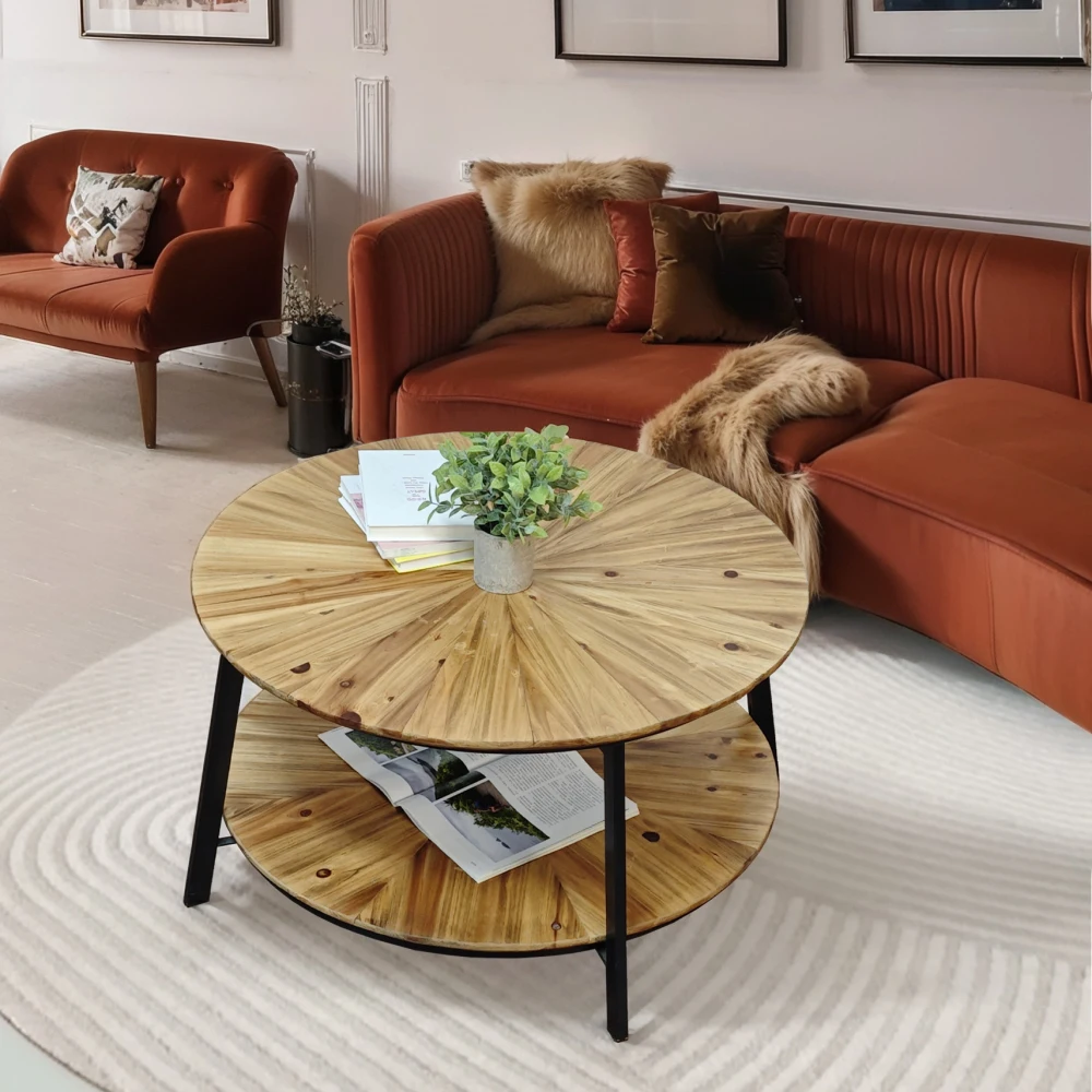 Table basse ronde de 31.5 pouces, brise-café sur pied en bois à double couche avec espace de rangement ouvert pour le salon et la chambre à coucher