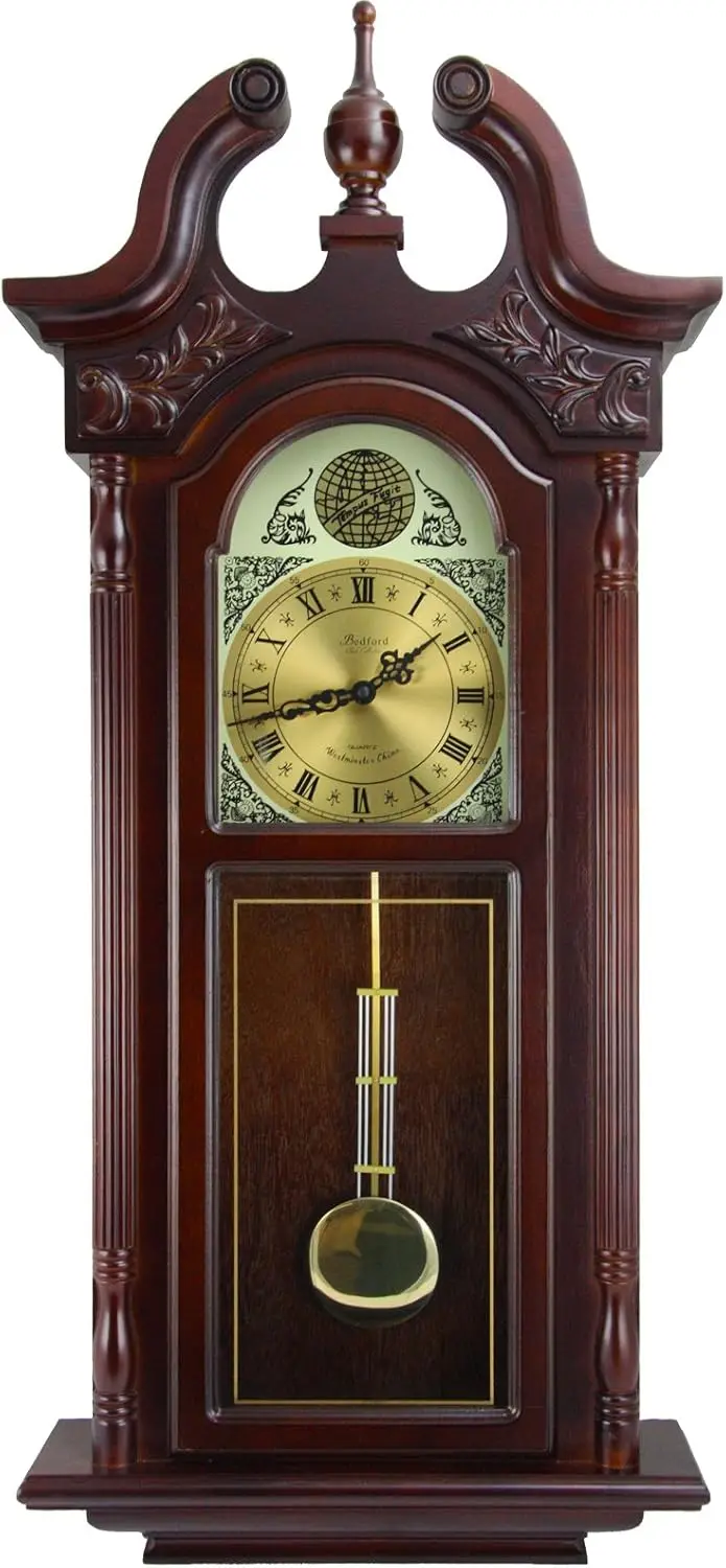 Grand Antique Colonial Chiming Wall Clock with Roman Numerals in a Cherry Oak Finish, 38
