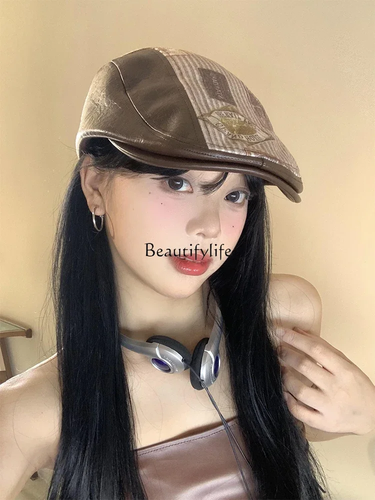 Vintage printed pu leather brown forward hat women's versatile face little beret British