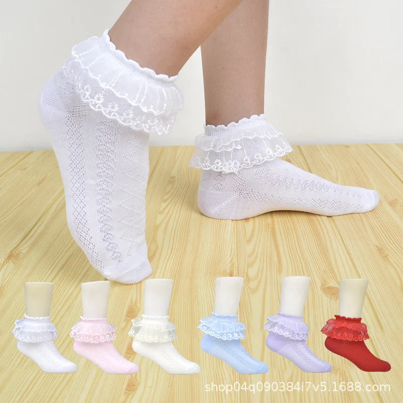 3Pairs  Cotton Eyelet Flower Socks Toddler Baby Child Girls Ruffle Lace Ankle Cotton Dress Socks Princess Summer