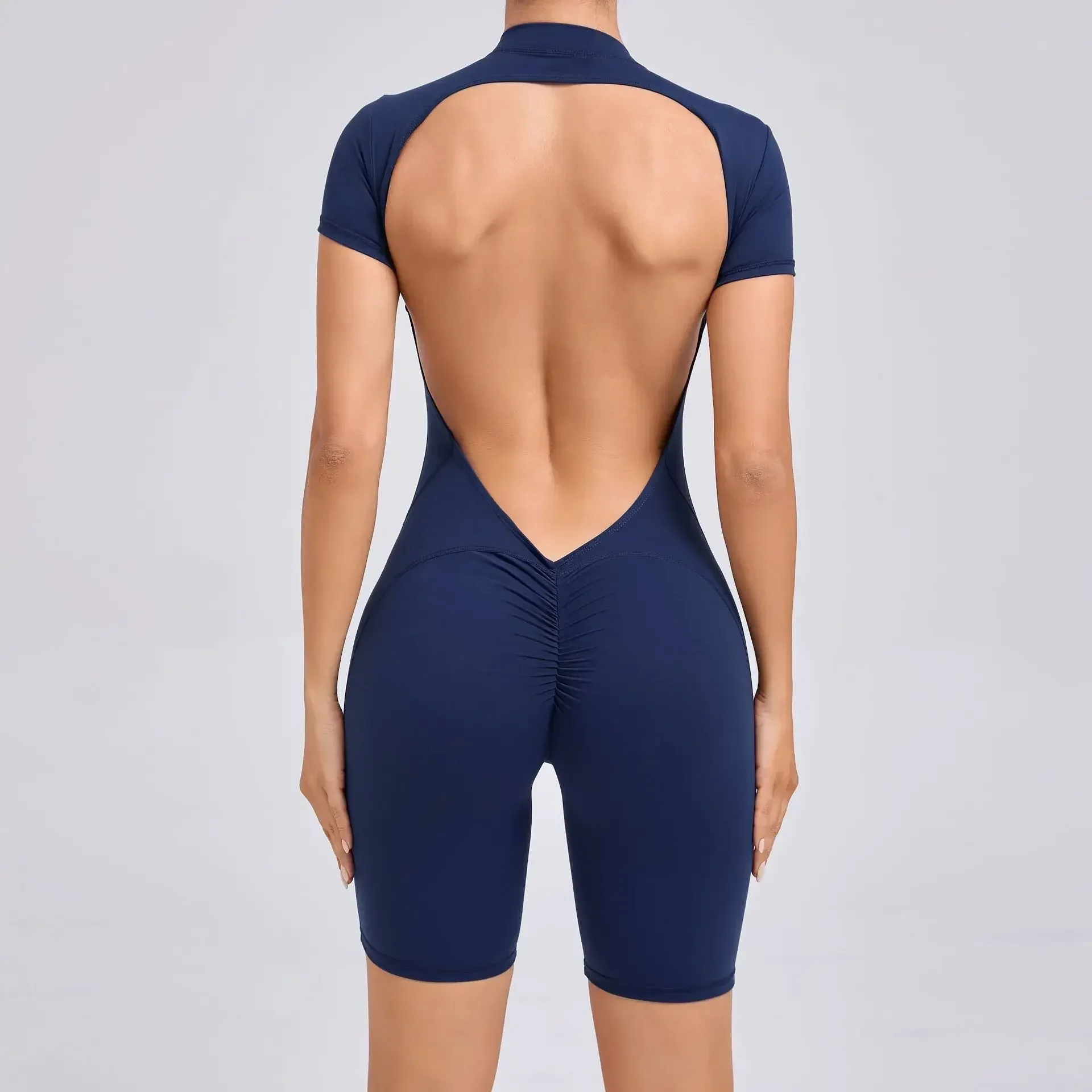 Seamless Yoga Jumpsuits Sports Fitness Hip-lifting Zipper Backless Short-Sleeved Dance One-piece Workout Gym Tracksuit For Women