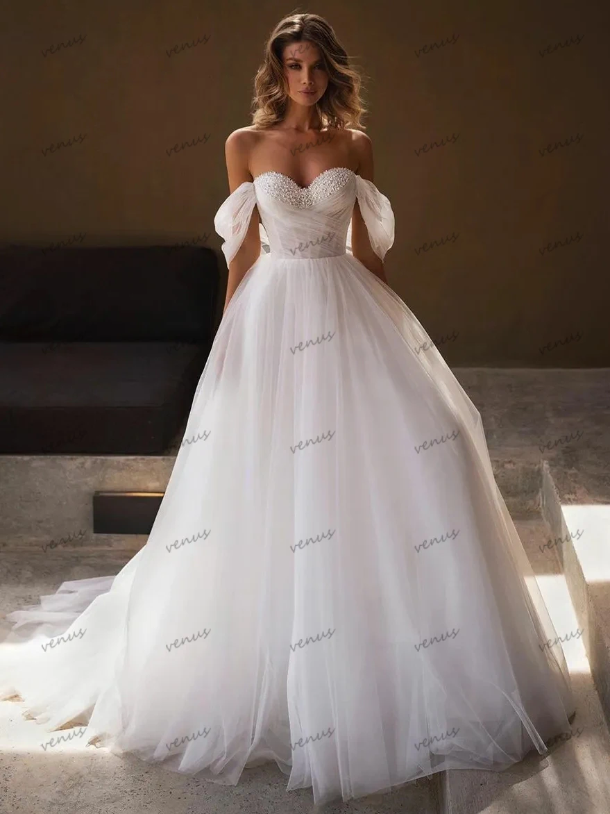 Charming Wedding Dresses Sweetheart Beading Bridal Gowns Off The Shoulder Tulle A-Line Robes Simple Elegant Vestidos De Novia