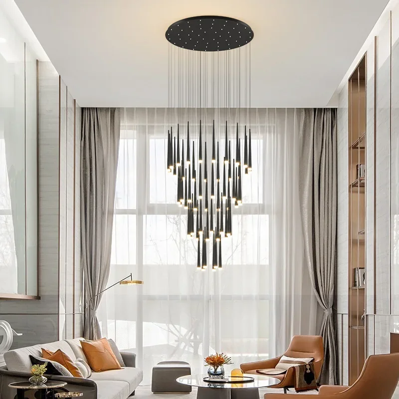 Nordic Luxury Duplex Building LED Hanging Chandelier Living Room Villa Pendant Lamps Circular Staircase Lighting Decor Fixtures