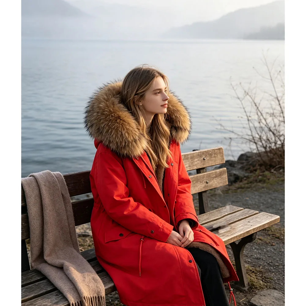 2026 Women Winter Parka With Real Raccoon Fur Collar Detachable Liner Drawstring Waist Hooded Warm Outerwear Ladies Casual Coat