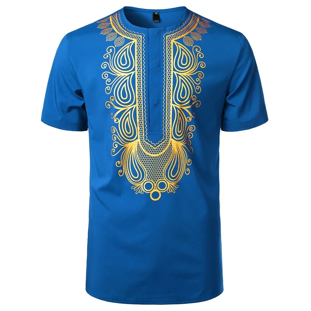 Men\'s Summer 3D Gold Printed Short Sleeves, African Style, Fashionable, Casual, Loose Fitting, Breathable, Polyester Fiber.