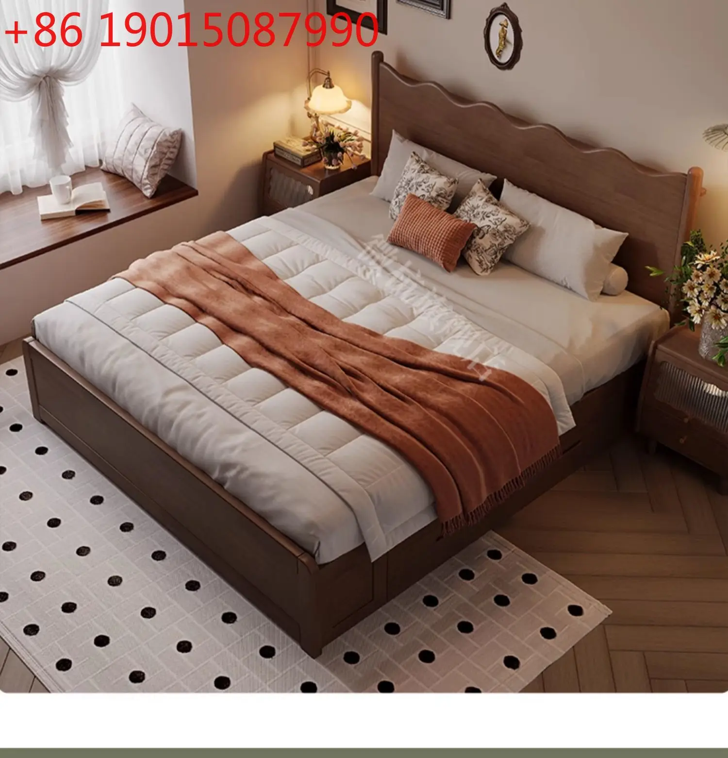 

Американская ретро-кровать из цельного дерева, двойная кровать-органайзер для хранения вещей, 1 м, домашняя кровать для главной спальни, французская деревянная кровать с волнистым деревом