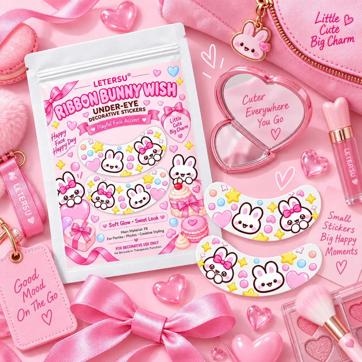 4PCS Cute Bunny Under Eye Stickers, Kawaii Rabbit Eye Patches, Pink Cartoon Face Makeup Accessories for Girls, Party Cosplay Pho
