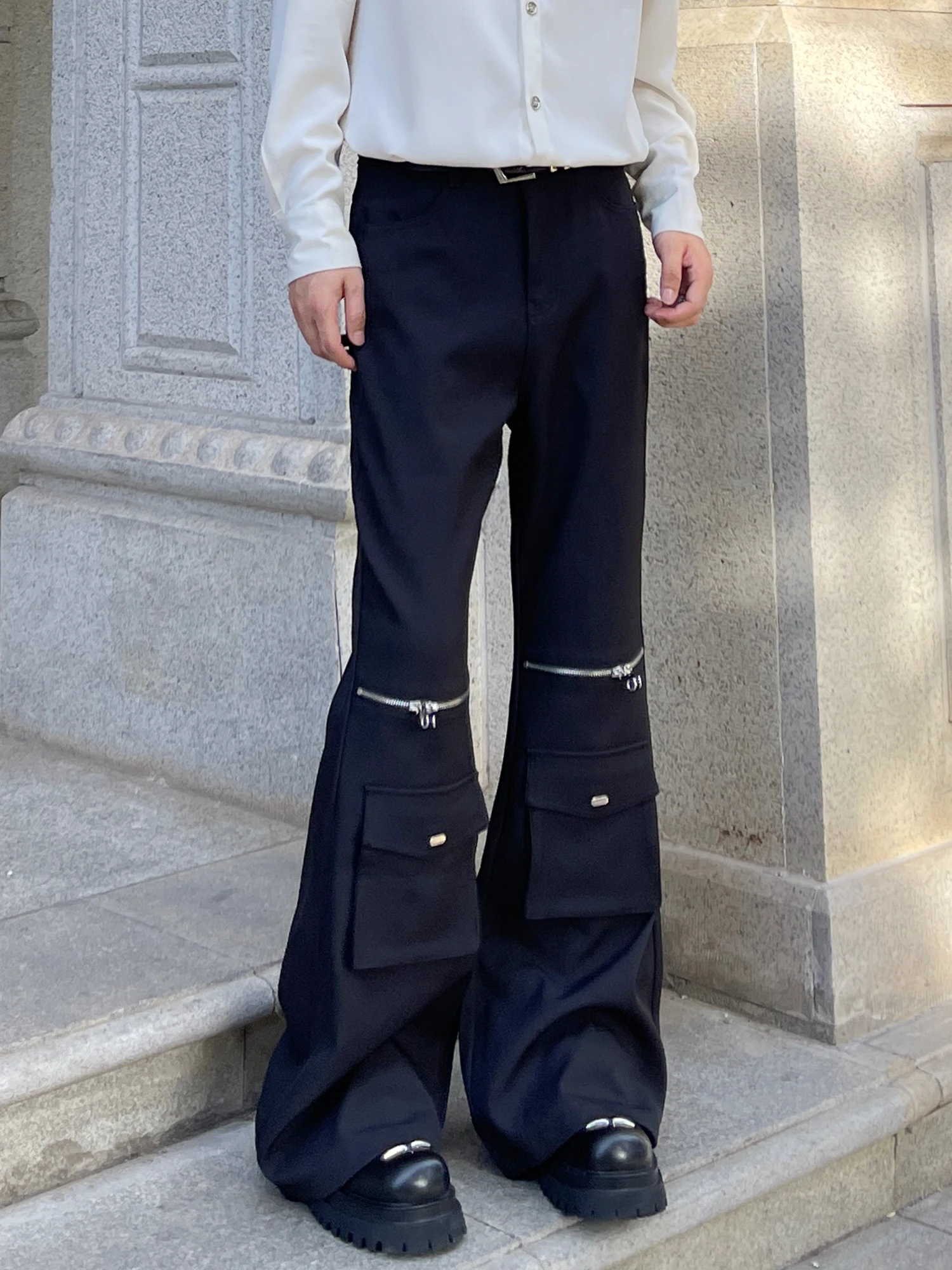 Korean Version of Fashion Trend Black Horn Trousers Handsome Men Zipper Pocket Design High Street Loose Casual Trousers