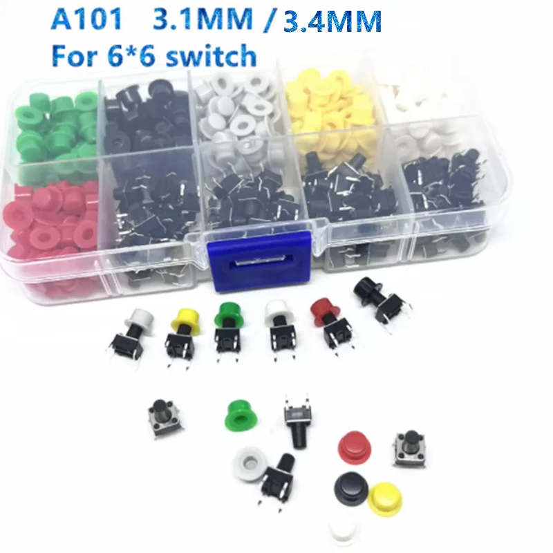 8 أنواع = 380 قطعة/الوحدة A101 البلاستيك التبديل زر قبعات دفع مفتاح قبعات متعدد الألوان شكل قبعة + 6*6 جولة اللباقة التبديل