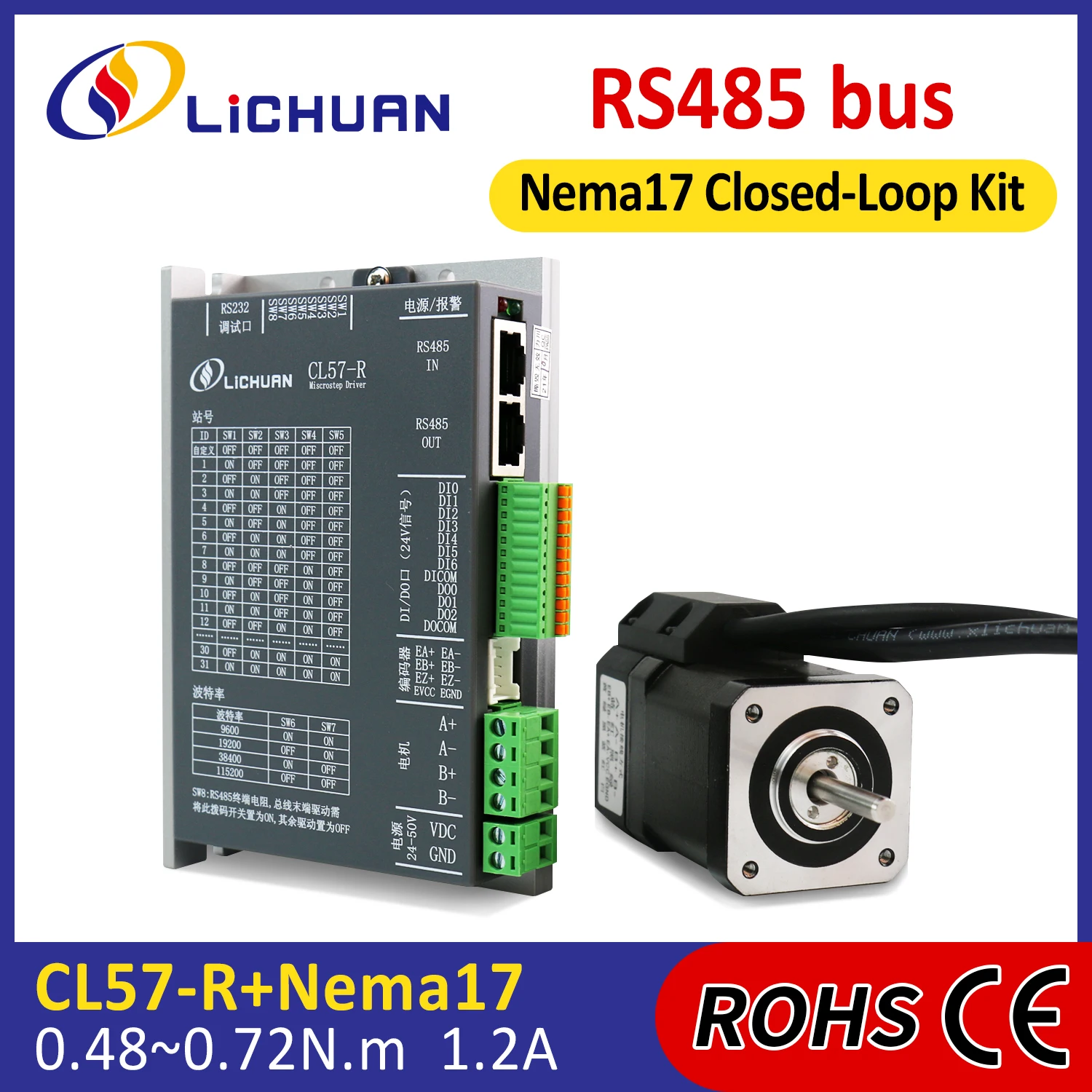 Lichuan 1000PPR DC24V~50V 1.2A Stepper Motor Controller Drivers 0.48/0.72N.m 2Phase Nema17 Closed Loop Stepper Motor Drivers Kit