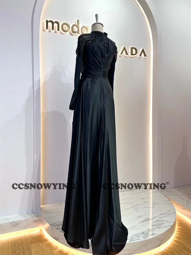 Muslim Satin Beaded Evening Dress Long Sleeve Prom Dress High Neck Islamic Arabia Dubai Formal Party Gown Hijab Robe De Soiree