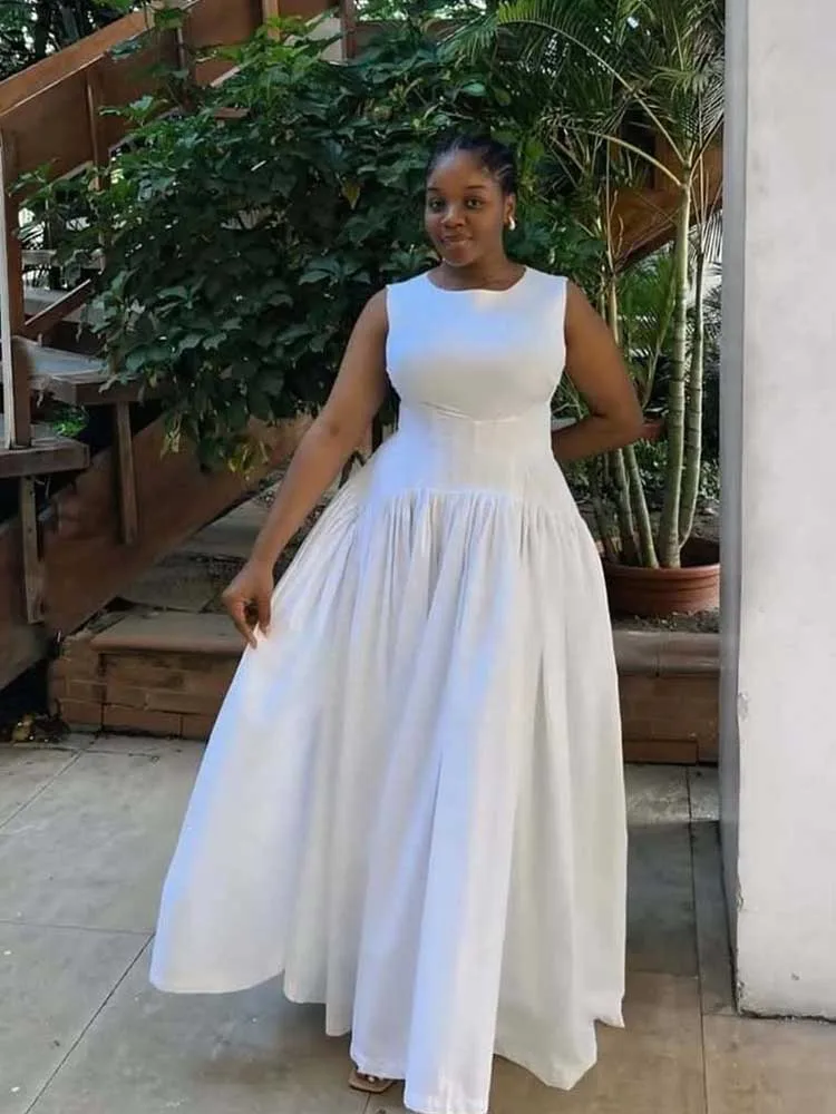 Classic French Dress Women Elegant O Neck Long Sleeveless Dress Cut Out Backless Summer Casual High Waist Slim Tank Top Dress