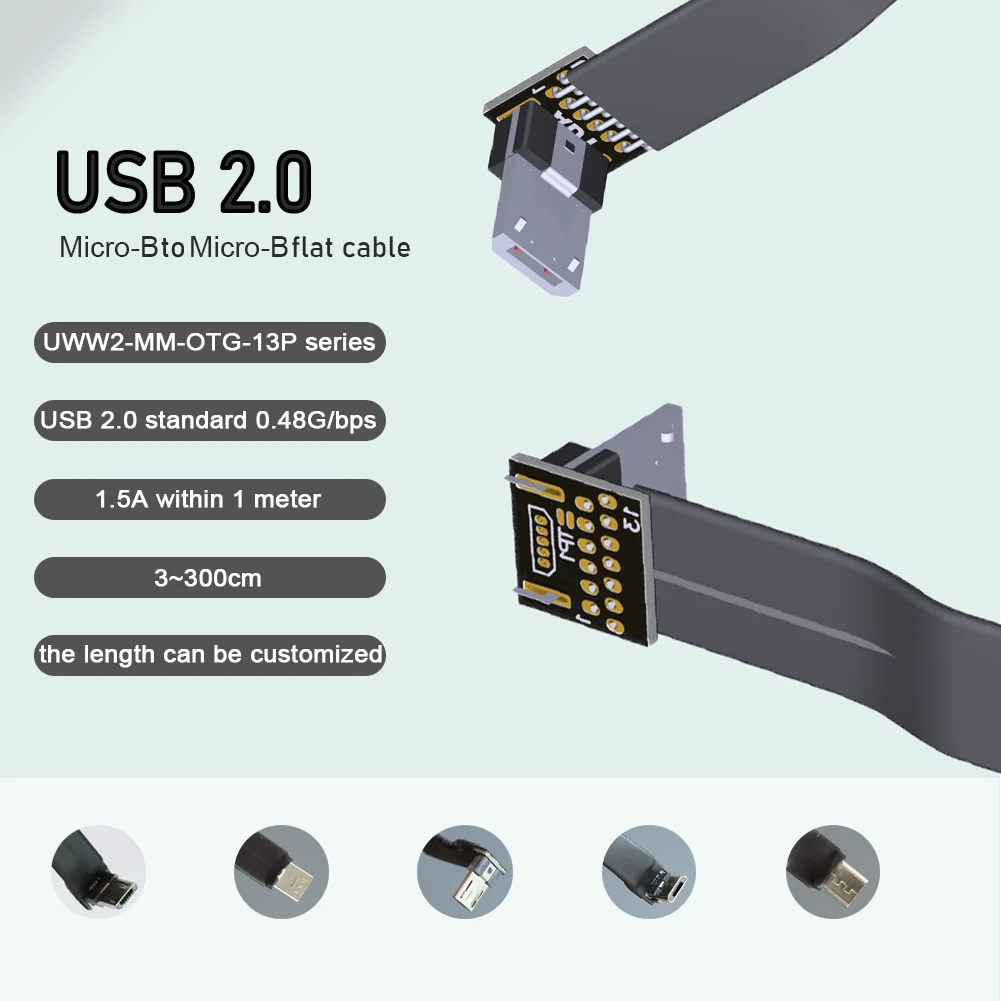 Cable de extensión de datos plano 13P doble 90 grados USB OTG 2,0 macho a macho micro-b a micro-b ángulo Fpv Cable de fotografía aérea ADT