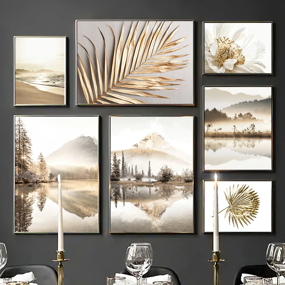 Spring Mountain Lake Golden Palm Leaves Wall Art Canvas Painting Living Room Decoration Posters And Prints Home Wall Pictures