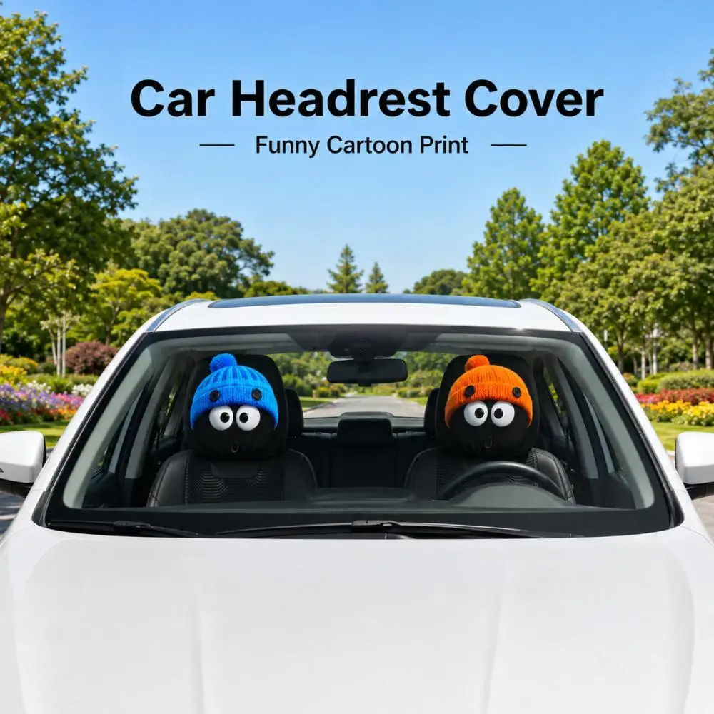 2 Pcs Car Seat Headrest Cover Set Big Eyes Hat Print Deep Blue Orange Protective Stretch Sleeves Auto Interior Decor